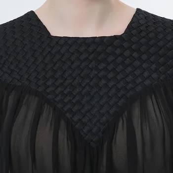 VOA Ipek Elastik Dimi Siyah Kare Yaka Üç Boyutlu Dokuma Tasarım Georgette Mikro-şeffaf Pelerin Kadın Tişörtleri BE638 3