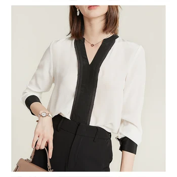 Siyah ve Beyaz Kontrast İpek Ekleme Üst Tasarım Anlamda Hangzhou İpek Yeni Küçük Gömlek T-shirt Sonbahar 2021 kadın Moda Yeni 3