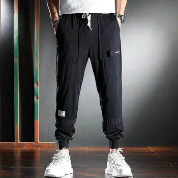 Yeni Siyah Spor Rahat Pantolon Erkekler Streetwear Baggy Pamuk Streç İpli Pantolon 3