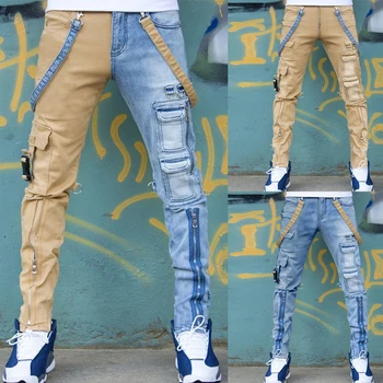 Erkek kot 2021 yüksek sokak düz tulum erkek boy hip-hop sarı mavi denim pantolon moda erkek günlük kot 3