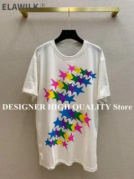 2021 Yeni Yaz O-Boyun Rahat Pamuk T - Shirt Kadın Kısa Kollu Unisex Boy Gevşek Tops Beş köşeli Yıldız Baskı T Gömlek 3