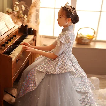 Zarif püskül Pullu kat-uzunluk çiçek kız elbise ışık lüks Perspektif V yaka uzun balo piyano performansı elbise 3