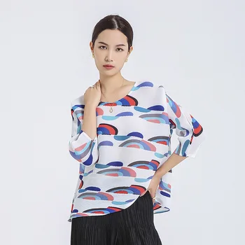 Changpleat 2021 erken sonbahar geometrik baskı T-shirt Miyak Pilili Tüm Maç moda artı boyutu gevşek tasarım 3/4 kollu üst 4