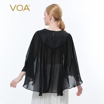 VOA Ipek Elastik Dimi Siyah Kare Yaka Üç Boyutlu Dokuma Tasarım Georgette Mikro-şeffaf Pelerin Kadın Tişörtleri BE638 4