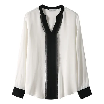 Siyah ve Beyaz Kontrast İpek Ekleme Üst Tasarım Anlamda Hangzhou İpek Yeni Küçük Gömlek T-shirt Sonbahar 2021 kadın Moda Yeni 4