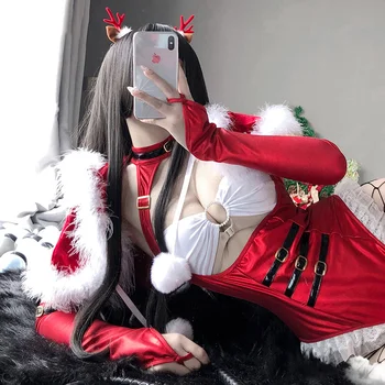 Sıcak Set Cosplay Kostümleri Seksi Kırmızı Noel Prenses Bodysuit Şal Eldiven Stocking Açık Göğüs Kıyafet Günaha Anime 5