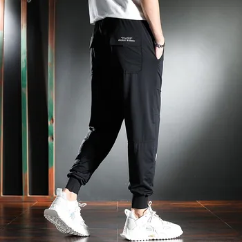 Yeni Siyah Spor Rahat Pantolon Erkekler Streetwear Baggy Pamuk Streç İpli Pantolon 5