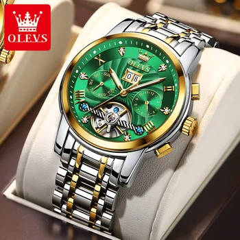 OLEVS Klasik Otomatik Yeşil Mekanik erkek saati Paslanmaz Çelik Su Geçirmez Tarih Hafta Moda Lüks İzle Reloj Hombre 9910 5